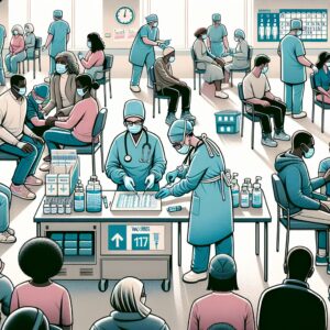 Illustration showing a medical scene with healthcare workers wearing masks, administering vaccines to people of diverse ages, amidst a backdrop of a hospital setting symbolizing the fight against meningitis outbreak in 2025 France.