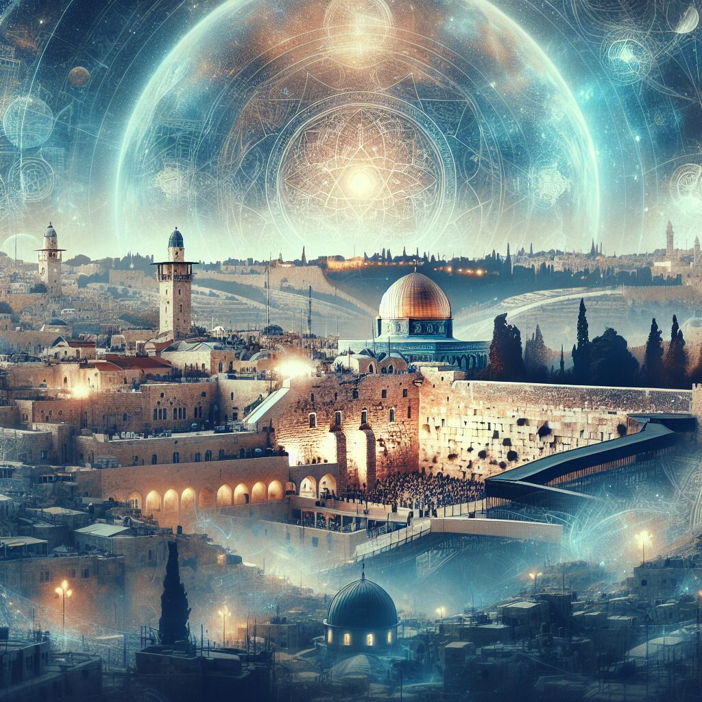 A serene illustration of Jerusalem with a mystical aura, capturing the essence of the city and the psychological phenomenon known as the 'Jerusalem Syndrome'. The image should include iconic landmarks such as the Western Wall and the Dome of the Rock, surrounded by an ethereal glow.