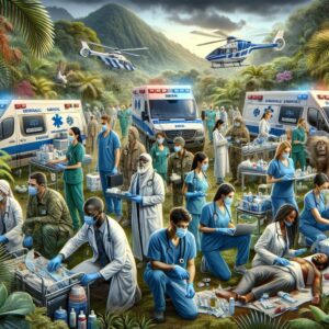 A dynamic scene showing medical reservists in action during a crisis, with a backdrop of the tropical environment of Mayotte. Medical tents and emergency supplies scattered around, highlighting a sense of urgency and teamwork among diverse healthcare professionals.