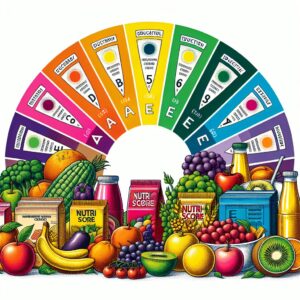 An illustration of the Nutri-Score labeling system, showcasing different grades from A to E on a variety of food packages, symbolizing health and nutrition. Include bright colors and a clear, educational theme, set against a white background.