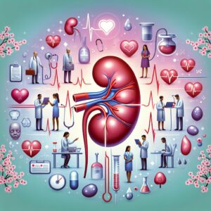 An illustrative image showing a healthy kidney surrounded by medical symbols and people engaging in check-up activities, symbolizing awareness and prevention during the national kidney week in France.