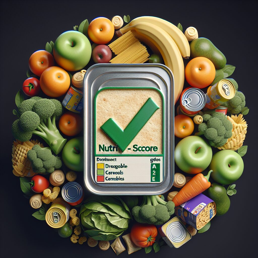 Illustration of a Nutri-Score label on a food package, surrounded by various food items like fresh fruits, vegetables, and packaged goods, showing the grading from A to E.