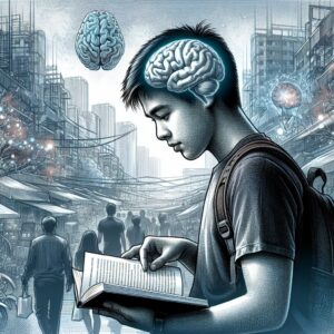 Illustration of a young person in a crowded urban environment, symbolizing the rise of brain tumors among young adults, with a somber and scientific tone.