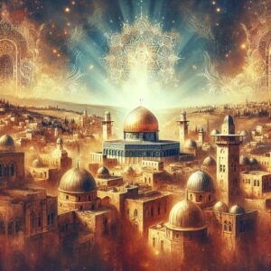 An illustrative image capturing the essence of Jerusalem with religious symbols, historical architecture, and the aura of mysticism.